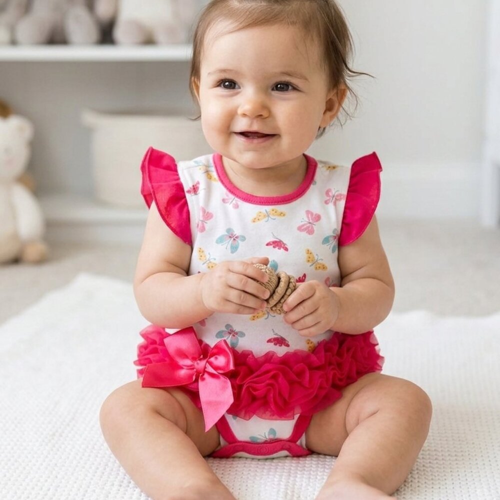 Baby Girl Butterfly Print Sleeveless Romper Pink Tutu Trim Bow Size 0-3mos